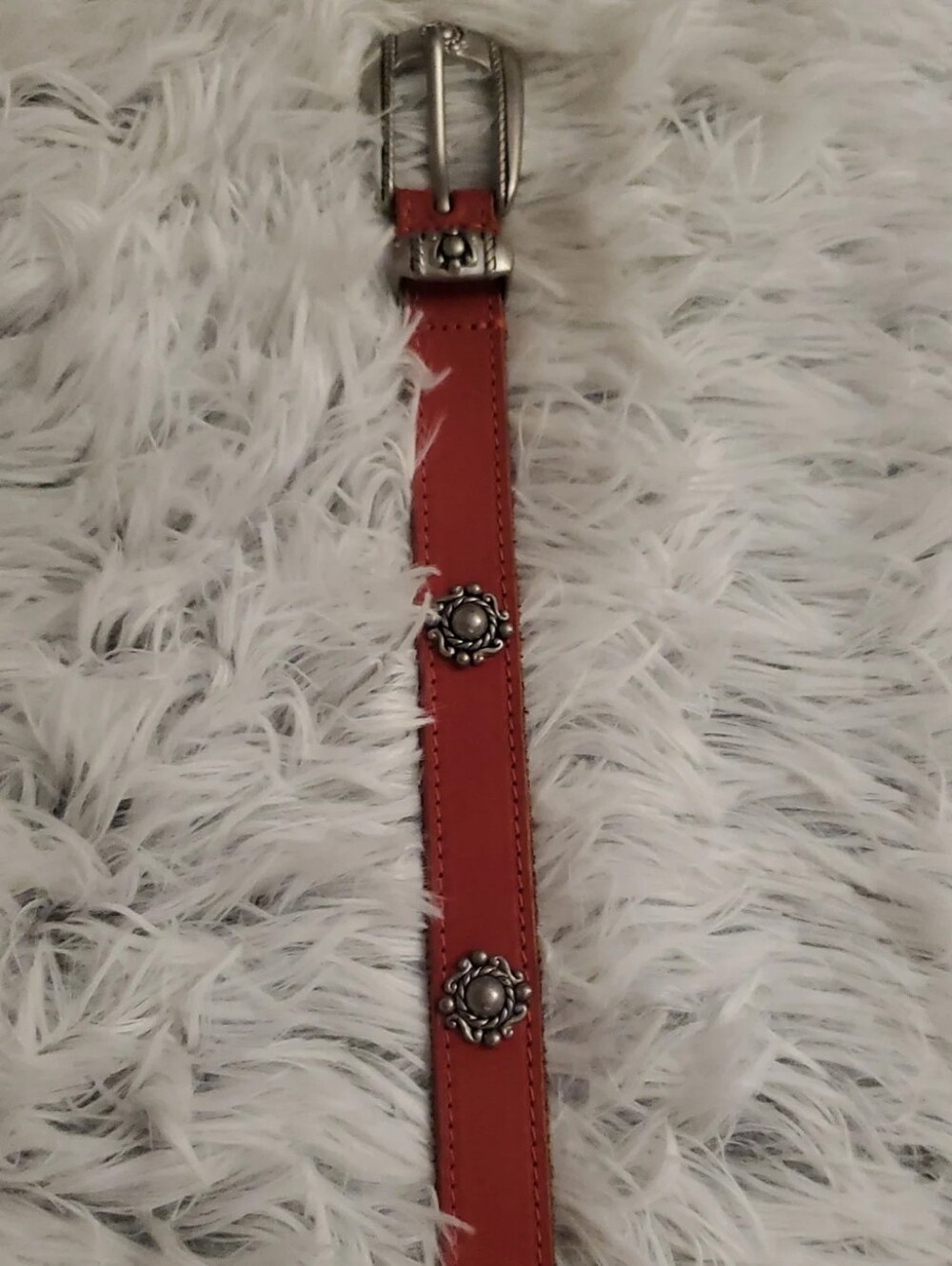 **Urban Outfitters Red Leather Belt with Silver Concho Accents**